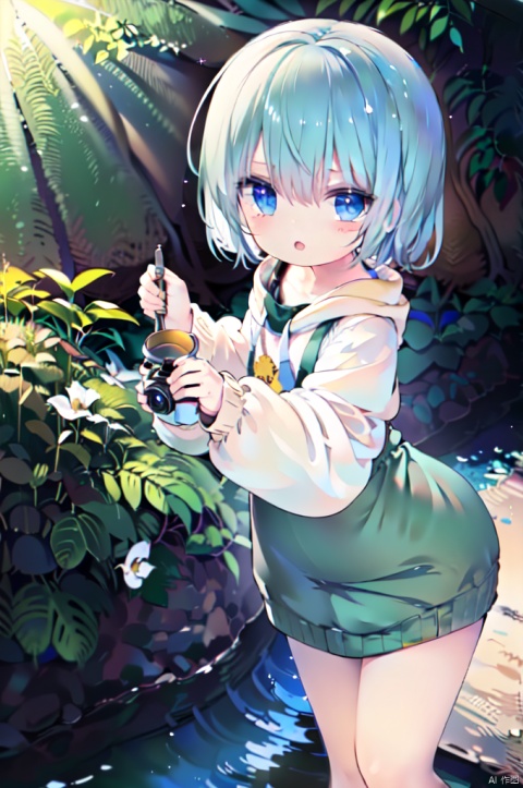 A little girl picking flowers in a tropical rainforest, with a large aperture, wide-angle lens, natural light, focusing on the flowers, green environment, multi-layered composition, lively, moderate shutter speed, colorful, and enjoyable., cozy animation scenes,curvy