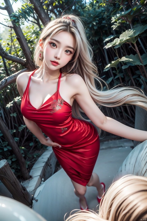  sexy pose,A sister, full body display, official art, unit 8k wallpaper, Flowers in full bloom, parade of many birds, deep in the forest, sunshine, atmosphere, rich details, full body lens, shot from above, shot from below, detailed background, beautiful sky, flowing hair, perfect face, delicate five-length, high detail, smile, fisheye lens, Dynamic Angle, dynamic pose, Brushwork Scattered - Chinese style, (Dramatic, Rugged, intense :1.4), Masterpiece, best quality, 8k, crazy detail, Super Quality, Super Detail, Masterpiece, (Smooth calligraphy :1.4), (Colored ink flow :1.3), 1 girl, fierce shot, White hair, brushwork scattered - Chinese style, monochrome, brushwork Style, pink, Charm, Exaggerated eye makeup, (a red dress: 1.6), ghostdom, yunxi, tq