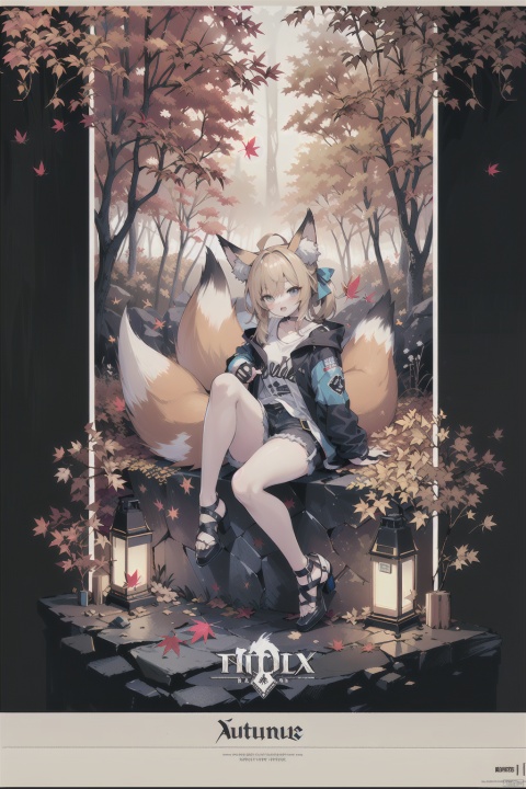  sexy pose,sexy cloth,1girl, solo, looking at viewer, sitting, fox ears, full body, strappy heels,plaid shirt, short sleeves,jacket, bow, bangs, low ponytail, blonde hair fox tail, fox girl, kitsune, ((autumn, outdoors, day, forest, falling leaves, bird, leaf)), (fog, dyntall effect), (wide shot, panorama, full body, depth of field),(movie poster,english text),(Flagstone road,branches)