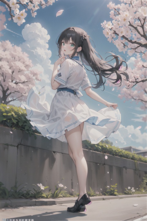  sexy pose,sexy cloth,Best Quality, Super High Resolution, a girl (full body photo,) outdoors, white clothes, blue skirt, JK uniform, uniform, full chest, long legs, long hair fluttering, cherry blossom background, blue sky, White Clouds, breeze, turn your face sideways and look to the side, tutututu, lvshui-green dress