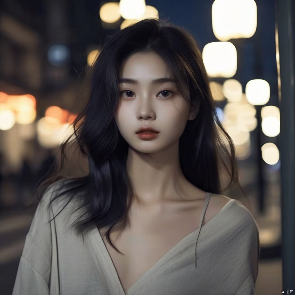 solo,realistic,lips,black hair,collarbone,closed mouth,Beside the outdoor street,the dim light of the street lamps at night shines on one side of the face,1girl,absurdres,(Looking at the camera:1.2)