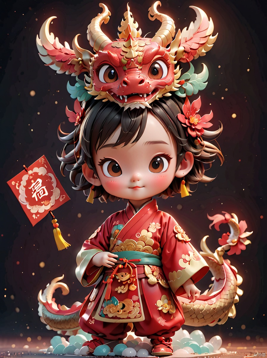 a girl,Chinese style, Nezha, 3d Pixar character style, 3d, toys, ip, blind box, full body, super clear, Chinese dragon, particle, Red light, blind box, high detail, Ultra HD image, complex detail, detailed scene background, detailed, 8K, amazing art, colorful
