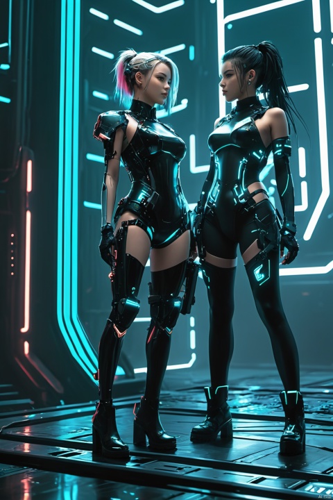 2 Girls, Mechanical, Full Body, Upward Shooting Angle, Cyberpunk Background, Looking at the Audience, Circuit Board,
