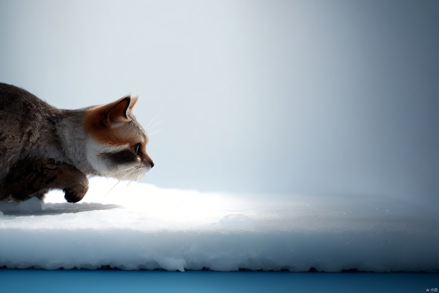 animal, 1 cat, gray tanuki cat hunting, eyes with god, beard, real, perfect composition, cat 1/3 in the frame.animal focus, white background, from the side, hd photography, rich in detail, wmchahua, ice