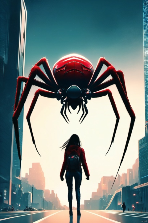 Sci-fi genre, ((Super Giant Red Big Spider in the Air)), Motorcycle Girl, Real, Panic, Cyberpunk Style, City Night Scene, Bustling, Raining, Character Focus, Movie Angle,