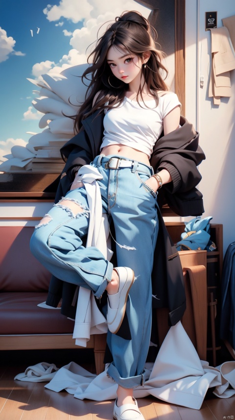 1 Girl Solo Long Hair Looking at the Camera, Shirt, Brunette, Navel, Jewelry, Standing, Jacket, Full Body, Oversized Eyes, White Shirt, Short Sleeves, Shoes, Belly, Belt, Pants, Indoor, Off-the-Shoulder, Black Jacket, Rags, One Leg Standing, Denim, Jeans, Movie Shots, Detailed, HD,