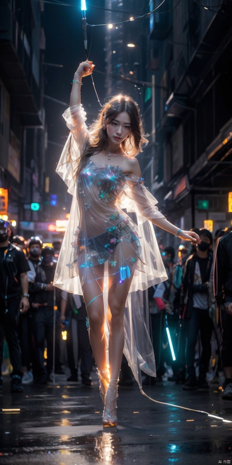 (Realistic Photo),(Masterpiece, Clear, Best Quality), (1 Girl: 1.2), Front Photo,Tall Model, Dance Moves, Crystal, Jewelry, Long Brown Hair, Colorful Transparent Glowing Wings, Holy Light, Solo, Cyberpunk Background, Hair Accessories, Dress, Bare Shoulders, Full Body, Flowers, Barefoot, Hair Flowers, Strapless, (Realistic, Photo Fidelity: 1.37), HDR, Ultra HD, 8K, Ultra Realistic 8K cg, 8K, Cyberworld, Light-electric style