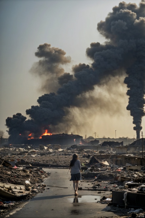 War, burning buildings, dusk, broken buildings, 1 girl, messy hair, stains, many colorful hydrogen balloons in hand, tattered clothes, barefoot stepping on sewage, long shots, people in focus, huge warplanes hovering in the sky,