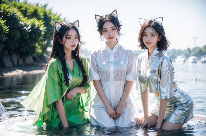 3 Girls, Smiling, Summer, Hanfu, ((Water Drops)), Wet Clothes, ((Beautiful Fine Water)), Short Gray Hair, Bangs, Long Cat Ears, Blue Eyes, Fancy Hairpins, White Clothes with Blue and Green Patterns, Green Super Short Skirt with White Cloud Decoration, Mecha Chariot, Magic, Light-electric style