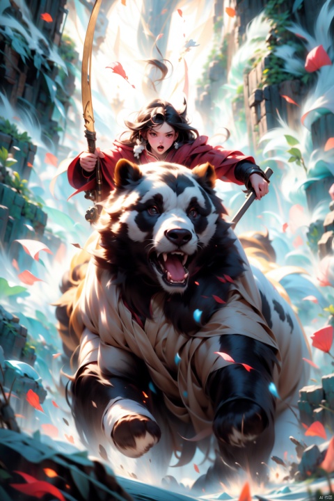 1 girl, holding a weapon in hand, riding on a huge fat Chinese giant panda, heavy armor, battle robe, charge, picture sense, tension, war, roar, anger, perfect composition, camera angle, rich details, realistic, HD,