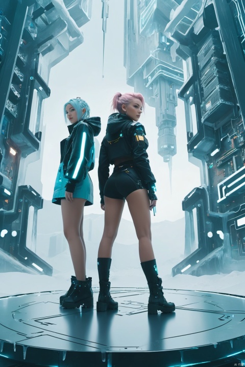 2 Girls, Mechanical, Full Body, Upward Shooting Angle, Cyberpunk Background, Looking at the Audience, Circuit Board, circuitboard, ice,