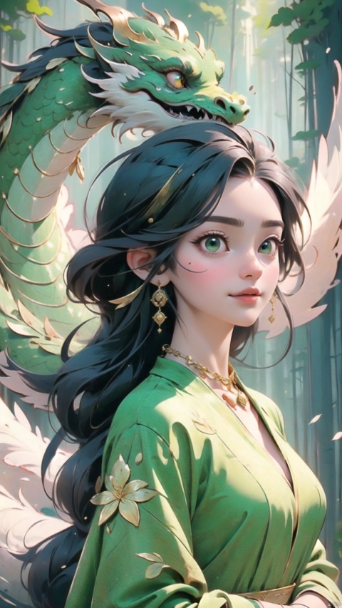  She wore a long green dress, like a forest spirit. Her black hair was pulled up by a delicate gold chain, which looked noble and elegant. Her face was fine, and there was a firmness and courage in her eyes. Her body is light and airy, as if at one with the natural surroundings.
And beside the woman, a huge dragon lay quietly. Its scales glittered with gold and its eyes sparkled with wisdom. The dragon is large and powerful, yet gentle and intimate. It seems to be the woman's guardian, but also her friend and partner. The eyes of the woman and the dragon met, as if they found resonance in each other's eyes. They face each other sideways, and the dragon's gaze follows the woman's gaze into the distance. The tacit understanding and trust between them seem to be a communication that transcends language and species.
1 girl and 1 dragon,masterpiece,
render,technology, (best quality) (masterpiece), (highly detailed), game,4K,Official art, unit 8 k wallpaper, ultra detailed, beautiful and aesthetic, masterpiece, best quality, extremely detailed, dynamic angle, atmospheric, full body lens,high detail,exquisite facial features,futuristic,CG, long