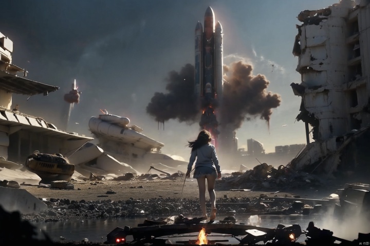 Apocalypse, Fallen Giant Rocket Thruster, 1 Girl, Panicked Face, Messy Hair, Torn Clothes, Barefoot Sewage, Long Shot, Character Focus, (Huge Spaceship Hovering in the Sky),