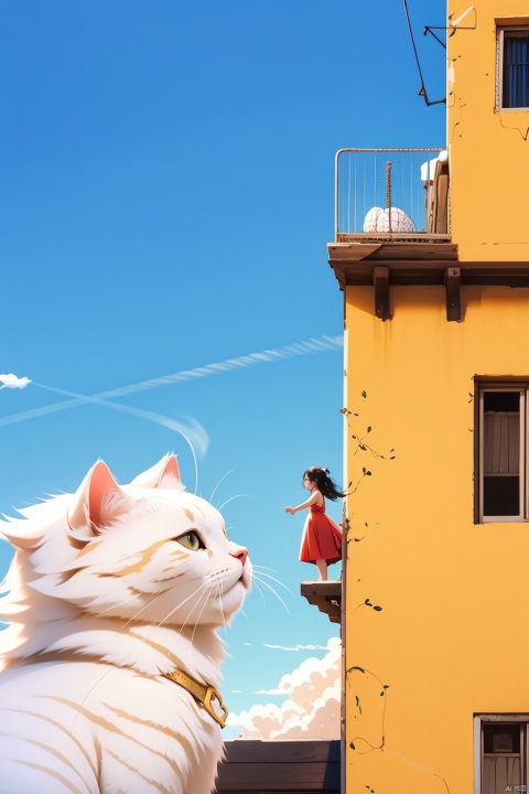 1 girl, red dress, black hair, arms outstretched standing next to egg yellow building, blue sky without clouds, white cat, gaze, rich in detail, photography,
