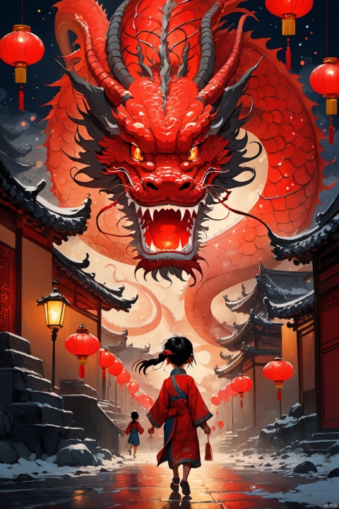  Masterpieces, high-definition art illustrations, Best Quality, New Year&#039;s Eve, fireworks in the night sky, a Red Chinese dragon, little girl carrying Red Lanterns, busy streets, celebrations