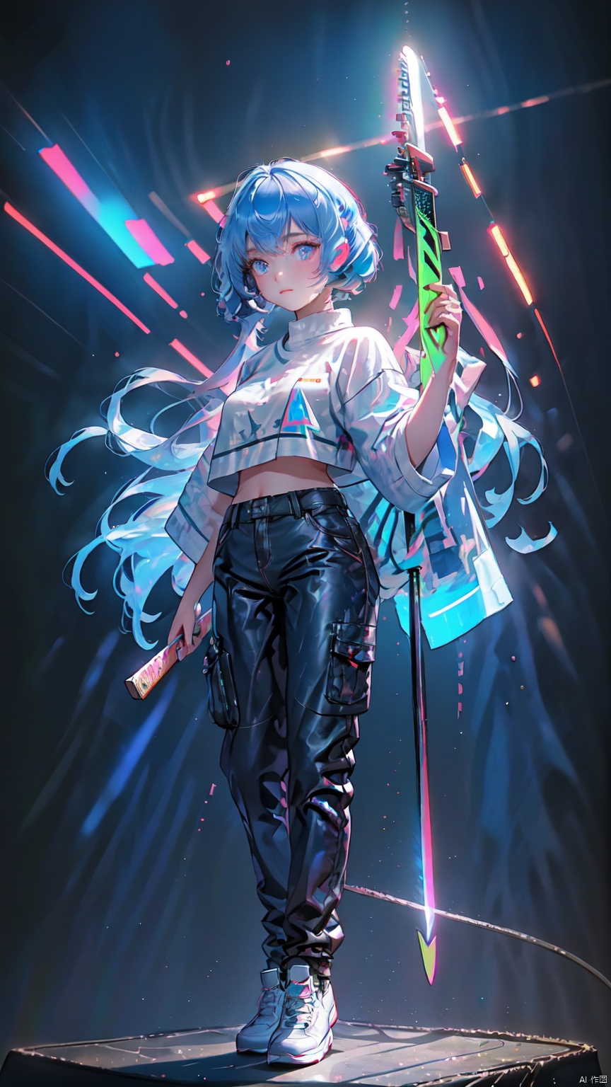  1 girl, loose clothes, (holding a samurai sword) (blue hair, blue eyes, three-dimensional facial features, big eyes, light makeup, lying silkworm), (loli height, standing on a mirrored stage, full body photo), (overhead view), (workwear pants, clothing - street hip-hop), (exquisite masterpiece), (holographic projection), (cyberpunk style), (mechanical modular background), (Luminous circuit) (Flashing neon light) (Blue illuminated background) (Background blurring treatment), Light-electric style, hand101, 1girl