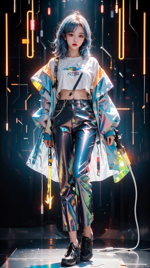  1 girl, loose clothes, (holding a samurai sword) (blue hair, blue eyes, three-dimensional facial features, big eyes, light makeup, lying silkworm), (loli height, standing on a mirrored stage, full body photo), (overhead view), (workwear pants, clothing - street hip-hop), (exquisite masterpiece), (holographic projection), (cyberpunk style), (mechanical modular background), (Luminous circuit) (Flashing neon light) (Blue illuminated background) (Background blurring treatment), Light-electric style