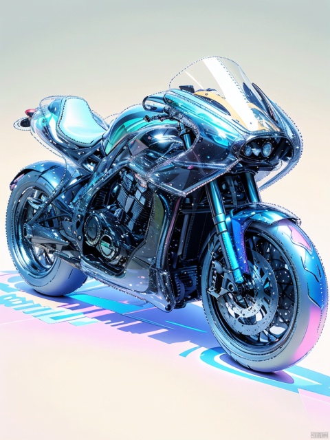 1 girl, riding a colorful transparent motorcycle, transparent acrylic material, transparent and iridescent colored material, high lighting, white background, high saturation, highly detailed professional beautiful 3D rendering, surreal, realistic photo.
