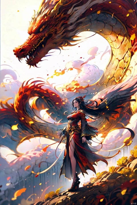  (Masterpiece), (Best Quality), (Super Detailed), 1 girl standing in front of the phoenix, solo. Dress, Chinese clothing, blooming valley, phoenix, flames emanating from the phoenix's body. In the sky, clouds float like marshmallows. High quality fantasy art, surrounded by blooming flowers. Contrast, extraordinary aesthetics, the best quality, magnificent artworks, (illustrations), extremely exquisite and beautiful, Tindell effect, Greg Rutkowski and Midtravel's ultra fine, complex, and realistic paintings. Popular digital art masterpieces on DeviantArt and Artstation.