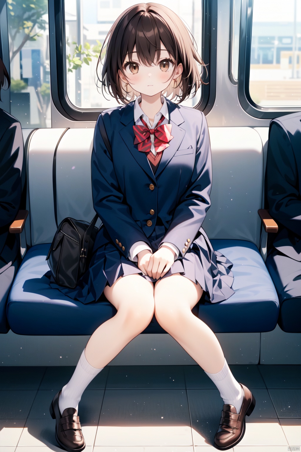 1girl, sitting, solo, school uniform, train interior, bag, white socks, socks, skirt, shoes, short hair, brown footwear, looking at viewer, jacket, blazer, bow, loafers, bowtie, red bow, brown hair, school bag, black hair, long sleeves, pleated skirt, bangs, red bowtie, brown eyes, grey skirt, closed mouth, train station, collared shirt, shirt