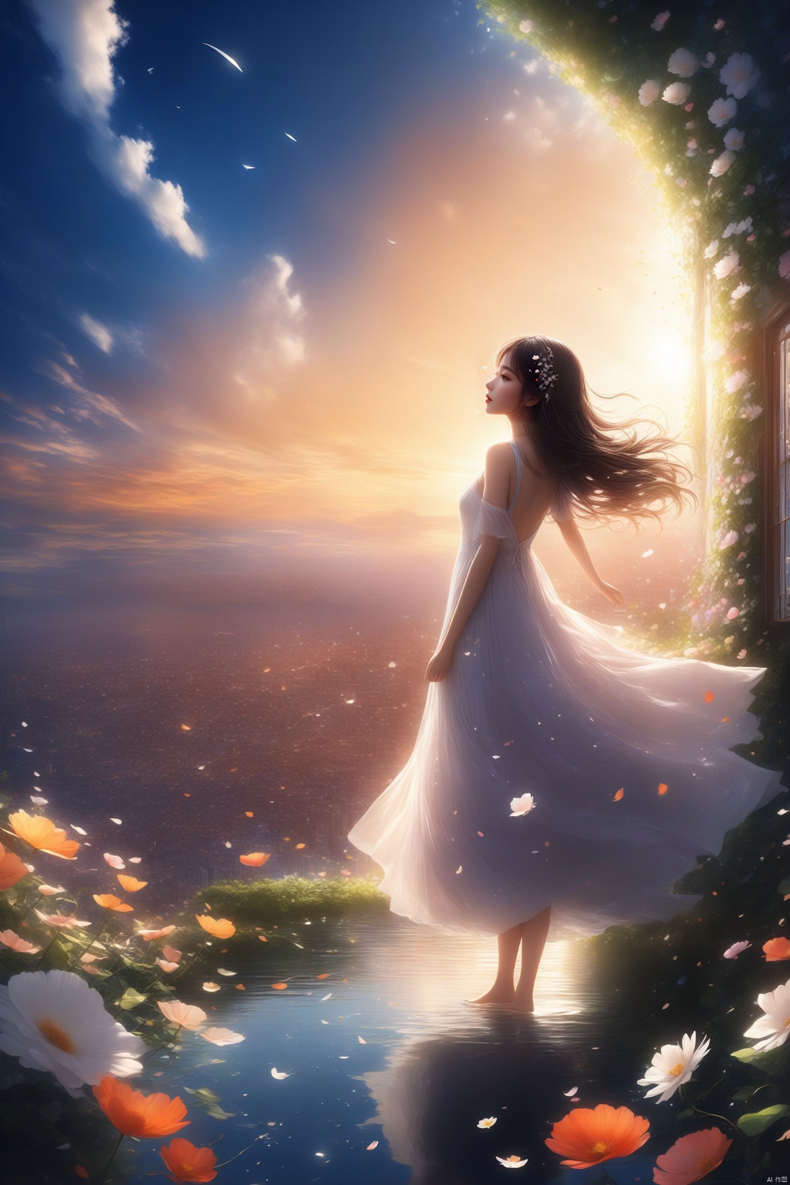  anime style,ultra-detailed,extremely detailed and beautiful, sky and white cloud and sunset glow background,feather, (floating city in bloom, Floating petals, blooming gardens in the sky, many vines on the wall:1.2) Imagination, dream
/=
(girl inside of floating city:1.3), (1 girl away from camera:1.2), (Super wide Angle lens), (back), behind head, Holy Light, white dress, (full body), bare feet, (Backless dress), solo