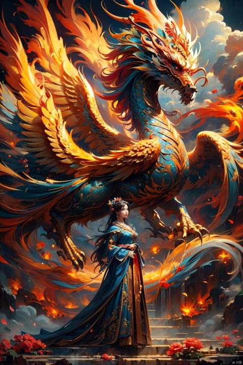  (Masterpiece), (Best Quality), (Super Detailed), 1 girl standing in front of the phoenix, solo. Dress, Chinese clothing, blooming valley, phoenix, flames emanating from the phoenix's body. In the sky, clouds float like marshmallows. High quality fantasy art, surrounded by blooming flowers. Contrast, extraordinary aesthetics, the best quality, magnificent artworks, (illustrations), extremely exquisite and beautiful, Tindell effect, Greg Rutkowski and Midtravel's ultra fine, complex, and realistic paintings. Popular digital art masterpieces on DeviantArt and Artstation.