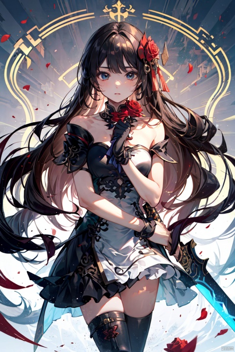  (cowboy shot,very long hair:1),acfd4dd522MI,1girl,flower,long hair,rose,sword,solo,weapon,dress,black dress,thighhighs,red rose,red flower,bare shoulders,boots,brown hair,bangs,glowing,black hair, colors, (\shen ming shao nv\), 1girl