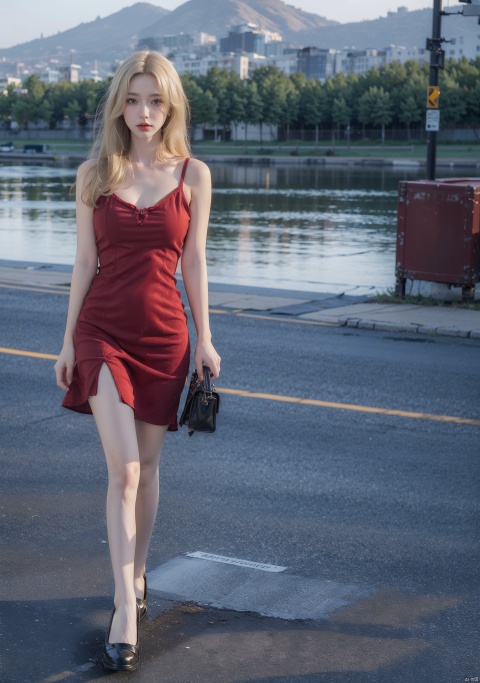  1gilr,(masterpiece:1.3),(best quality:1.3),(photorealistic:1.4),realistic,4k, (((blonde hair))),detail face,outdoors,city,full body,big_breasts,(red dress),((short dress)),