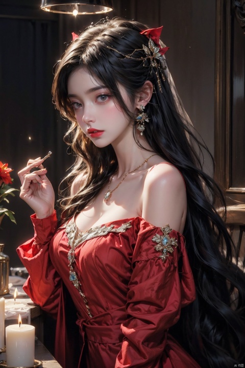  {{masterpiece}}, {best quality}}, {superfine}, {{extremely thin}, 4K, {8K}, best quality, {beauty}, a girl, solo, jewelry, earrings, long hair, black hair, necklace, bare shoulders, flowers, red lips, hair accessories, upper body, off shoulder, powder blusher, makeup, lips, candles, collarbone, long sleeves, Tyndall effect, 8K, big halo, century masterpiece, corridor,

, dress