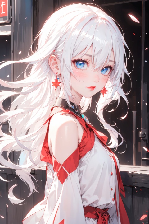 paper background, 1girl, solo, long hair, jewelry, looking at viewer, earrings, blue eyes, white hair, upper body, blurry, blurry background, bare shoulders, bangs, blush, from side, hair between eyes, red lips, closed mouth, wavy hair, lips, detached sleeves, light particles, breasts, shirt, outdoors, depth of field, looking to the side