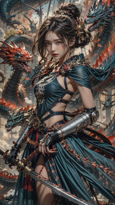  1 girl, holding a Japanese sword, not looking at the camera, three-dimensional facial features, Asian face, solo, blue eyes, holding, glow, robot, mecha, science fiction, open_ Hand, movie lighting, strong contrast, high level of detail, best quality, masterpiece, spirit, Hanfu, clouds, with a background of an Eastern dragon (with high-precision details).