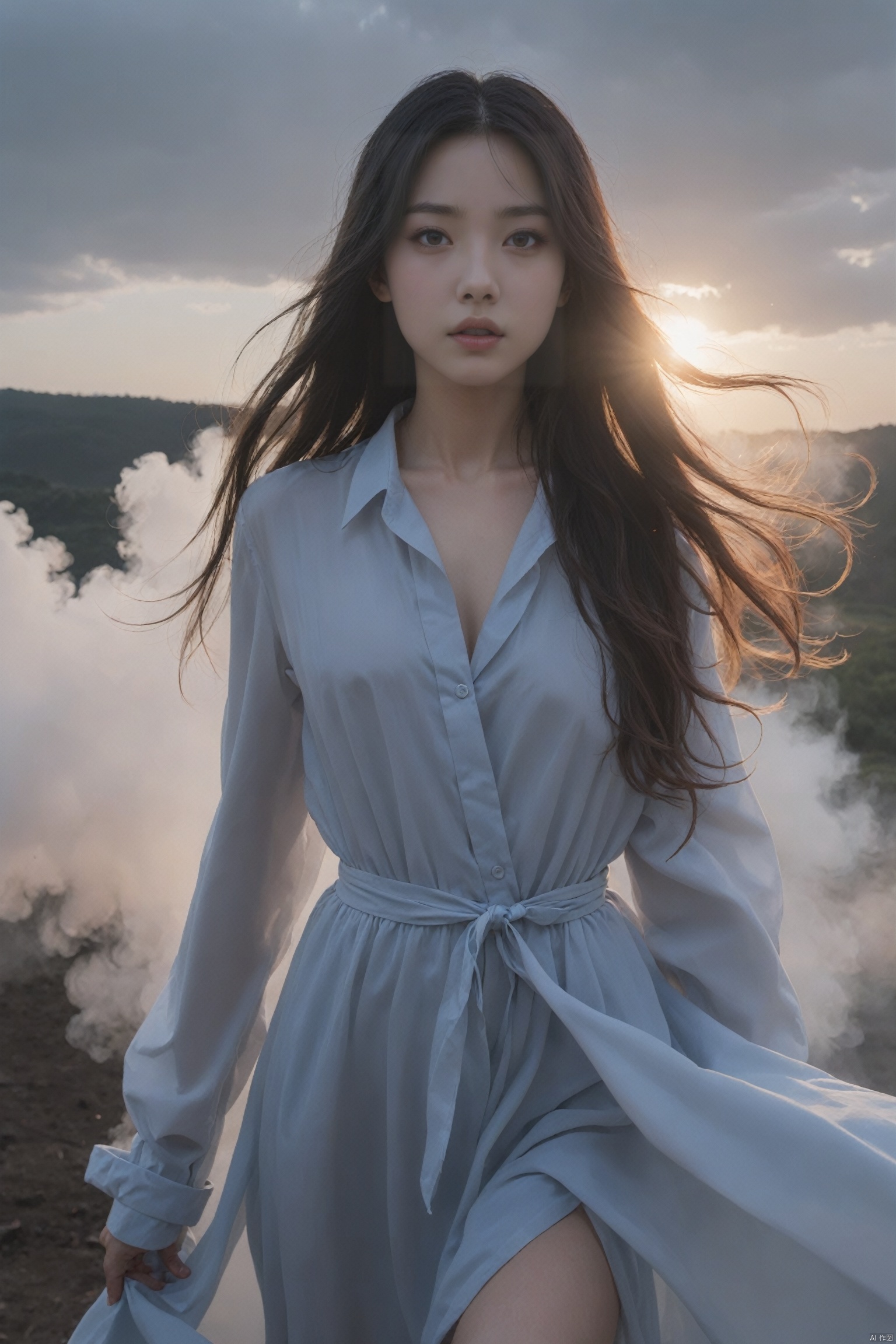  wabstyle, glowing, robe, (fog,:1.2) (mist:1.2), smoke, girl composed of white light, girl composed of black smoke, fire, sun, 1girl, small breasts, long hair, solo, (photorealistic:1.4), cowboy shot, cinematic angle, fisheye, motion blur, nude,sexly, shoujo kitou-chuu,blue fire, frie rain, Long hair fluttering in the wind, loong,wave,