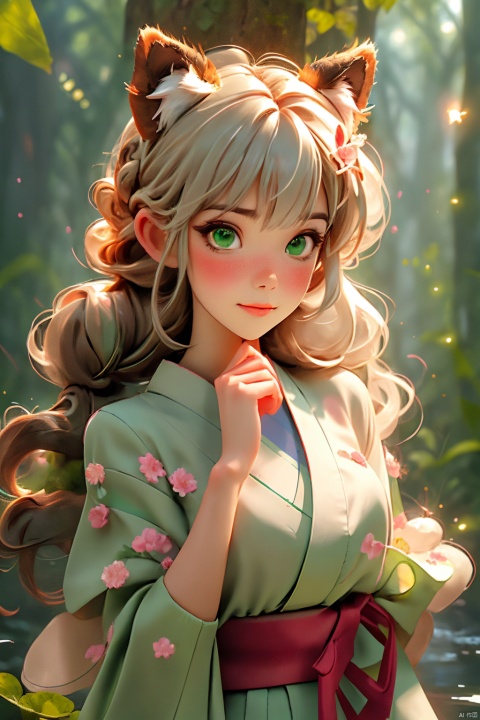 1girl, green eyes, chibi, animal ears, hair ornament, bangs, blush, hair between eyes, animal ear fluff, long hair, closed mouth, braid, nature, outdoors, upper body, hand on own chin, green kimono, water drop, plant, forest, day, hairclip, white hair, hand up, clover hair ornament,Fireflies