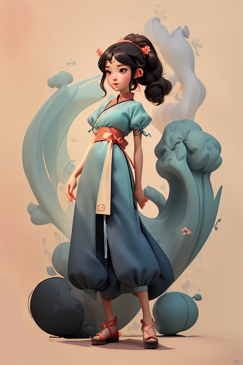 
cartoon style rendering， portrait， a cut girl， chinese classicist character illustration， Song Dynasty style， minimalism， geometric shapes， melancholic blue clothing， Qiu Ying style,
