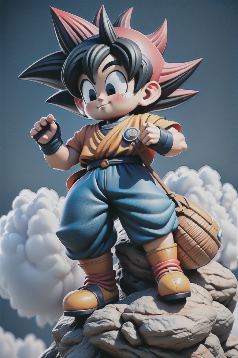 1boy basket black eyes black hair blue background blue sky clenched hands cloud day dougi fingernails food full body happy male focus mountain multiple boys outdoors rock short hair sky smile son goku spiked hair standing wind wristband , 3d stely, MG_ip