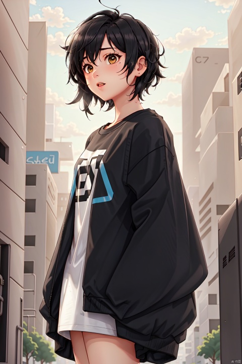  parameters: "A girl with short black hair and an oversized T-shirt, (Cyberpunk)