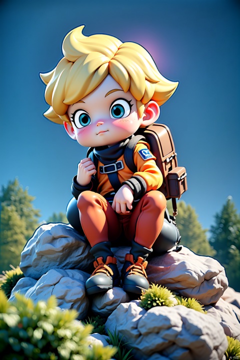 1boy, blonde hair, plant, outdoor, In the forest, backpacking, exploring, grass, rocks, ,sitting, 