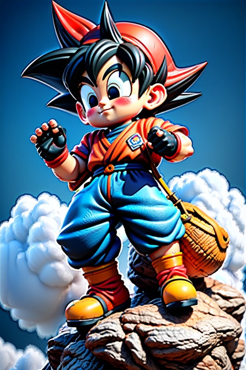 1boy basket black eyes black hair blue background blue sky clenched hands cloud day dougi fingernails food full body happy male focus mountain multiple boys outdoors rock short hair sky smile son goku spiked hair standing wind wristband , 3d stely, MG_ip,C4D,pixar