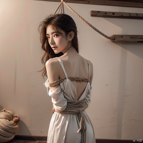  (bondage, hands tied behind the back with ropes.Japanese bondage),
1 girl 20 years old, beautiful, perfect body, straight brown hair, brown eyes, hemp rope, surprise, perfect anatomy, (Japanese bondage), daytime, light, (shibari), {{bondage}}, {{restraint]], {{{{shibari on clothes }}}}, (((arms and hands tied with ropes, bdsm))),smile,
frontal photo, static position,prison background,ponytail holder, long sleeves,Reverse tied girl,white dress, handcuffs