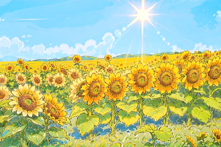 sunflowers on cultivated land, dry soil, hot air, sunlight, blue sky