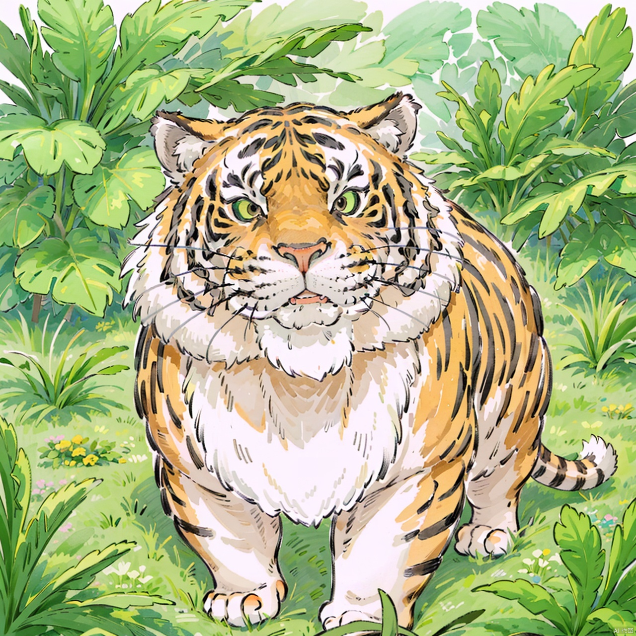 a little tiger, cute, looking_at_viewer,  teeth, angry, grass, leaf