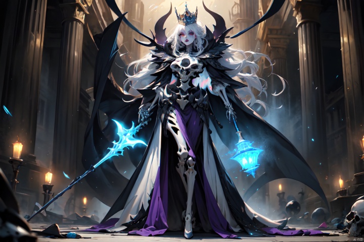  Masterpiece, high-quality, 8K,full body, solo, 1girl, standing, The Queen of Terror, cold, proud figure, blue glowing eyes, dark eye shadow and lipstick, towering and messy white hair, crown made of obsidian, scepter made of skeleton, with a dark temple as the background, various spider web, skeleton and bat elements, the overall color matching is mainly dark purple, horror elements, horror style, advanced sense, cinematic light, mystery, elegance

