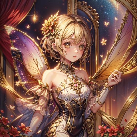 1girl

solo

short hair

blonde hair

brown hair

hair ornament

dress

bare shoulders

flower

wings

hair flower

curtains

fairy, 1girl