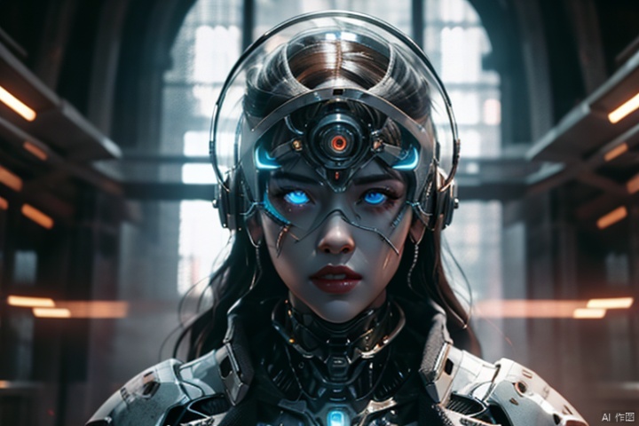  VR 1girl 3d artist name blue eyes blurry blurry background blurry foreground cyberpunk cyborg depth of field face glowing glowing eyes hologram lips long hair looking at viewer motion blur portrait realistic reflection science fiction solo teeth, cyborg