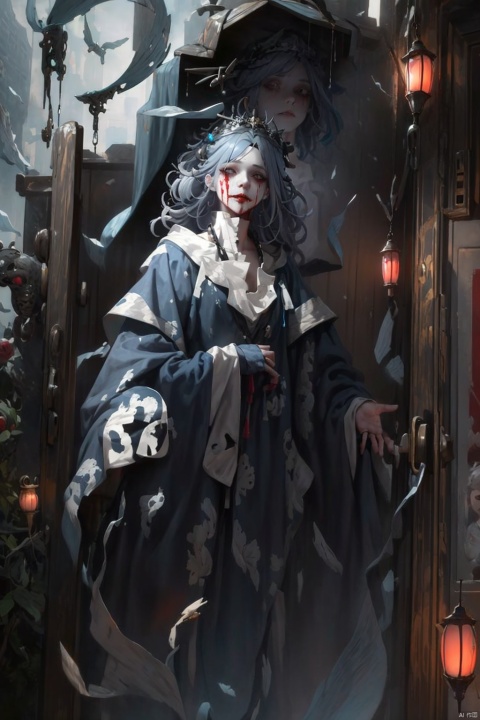  Masterpiece, high quality, 8K, 1girl, decayed ghost bride, pale face and dark lip color, thick black eye shadow and eyeliner, antique lace, antique silk and damaged gauze, grey black and dark red, clothes will have many holes and damaged edges, pale blue gray hair is tangled in disorder, and the body is decorated with damaged rusty hair clips, bronze necklaces and rings, Holding a dark red old umbrella that had gone through years in her hand, she lowered her head and bowed slightly, revealing a sorrowful expression, presenting a tired and weak image. Her eyes reflected endless sadness and loneliness. Break, the dim lighting combined with smoke effect as the background, surrounded by broken moss, spider webs, ancient clocks, chairs, oil lamps, blood stains, cinematic lighting effects, high-quality, rendered atmosphere, and light and shadow effects

, horror (theme)