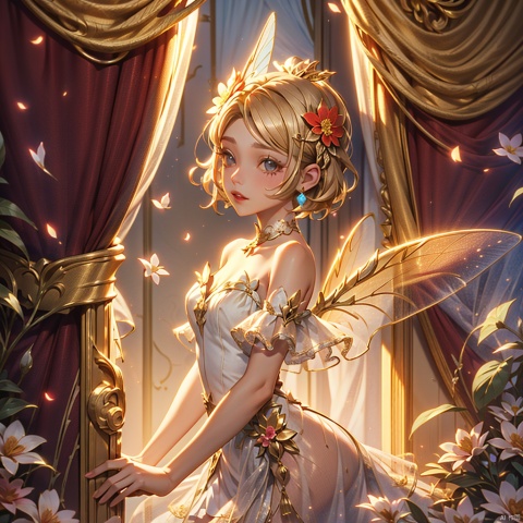 1girl

solo

short hair

blonde hair

brown hair

hair ornament

dress

bare shoulders

flower

wings

hair flower

curtains

fairy, 1girl