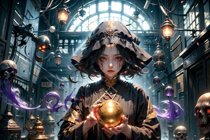  Masterpiece, high-quality, solo, 1girl ,Masterpiece, high-quality, solo, a cursed witch. She had a face covered in a black veil, her tight skin covered in fine lines, her eyes deep and dark, and she was dressed in rags, wearing a black robe covered in stains and holes. She held a crystal ball in her hand that emitted an evil light, surrounded by smoke and a purple aura.

, horror (theme)