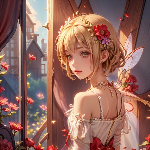 1girl

solo

short hair

blonde hair

brown hair

hair ornament

dress

bare shoulders

flower

wings

hair flower

curtains

fairy