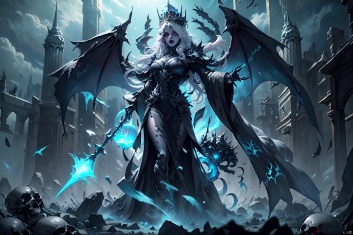  Masterpiece, high-quality, 8K,full body, solo, 1girl, standing, The Queen of Terror, cold, proud figure, blue glowing eyes, dark eye shadow and lipstick, towering and messy white hair, crown made of obsidian, scepter made of skeleton, with a dark temple as the background, various spider web, skeleton and bat elements, the overall color matching is mainly dark purple, horror elements, horror style, advanced sense, cinematic light, mystery, elegance

