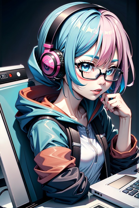 Masterpiece, high-quality, solo, 1girl, solo, looking at viewer, short hair, blue eyes, green eyes, blue hair, jacket, pink hair, multicolored hair, glasses, hood, two-tone hair, lips, headphones, black background, round eyewear, computer, laptop, tablet pc